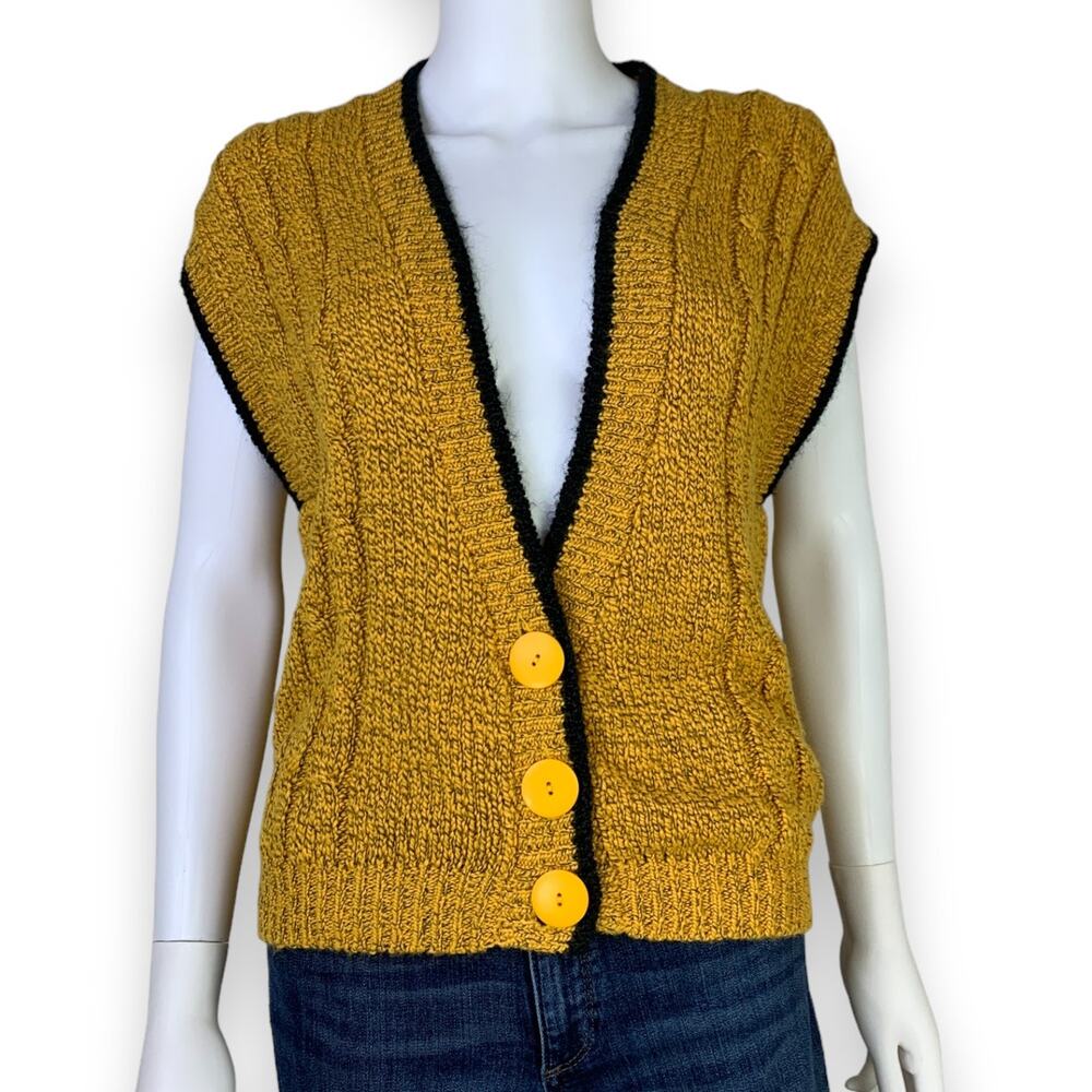 OHI Knitted Cable Knit Vest Size L Button Up Gold Black Trim Grandpa Core 90's
